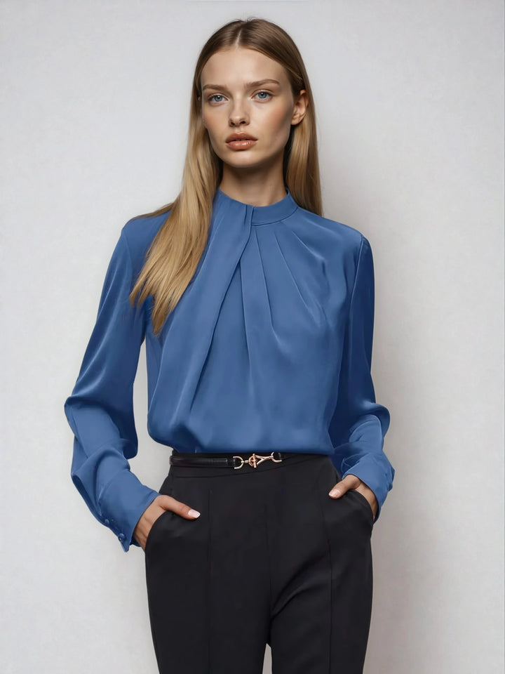 Asymmetric Ruched Stand Collar Top Versatile Office Wear