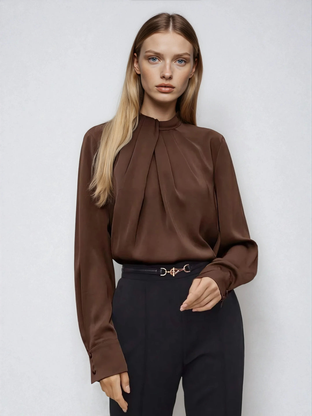 Asymmetric Ruched Stand Collar Top Versatile Office Wear
