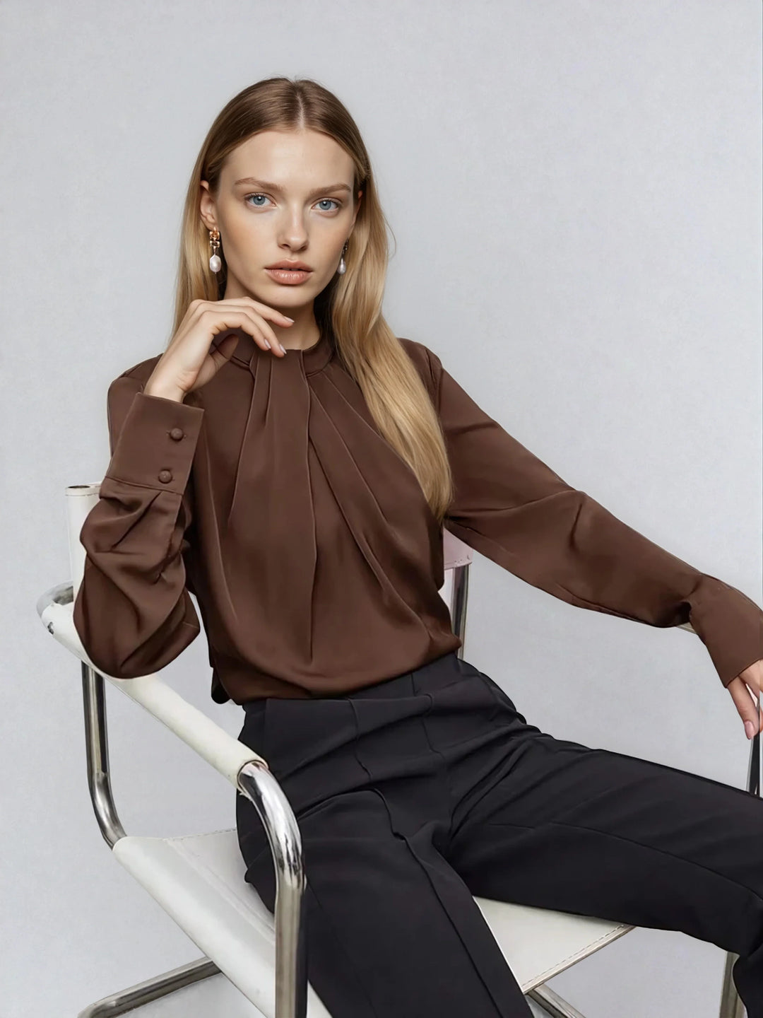 Asymmetric Ruched Stand Collar Top Versatile Office Wear