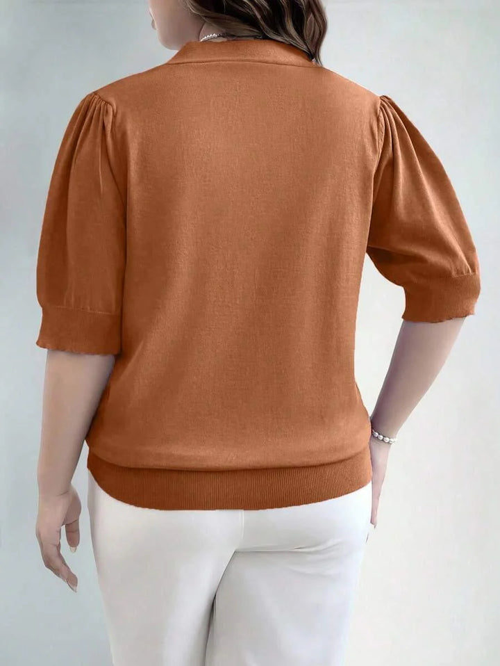 Plus Size V Neck Puff Sleeve Solid Knit Pullover Sweater