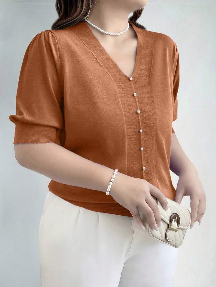 Plus Size V Neck Puff Sleeve Solid Knit Pullover Sweater