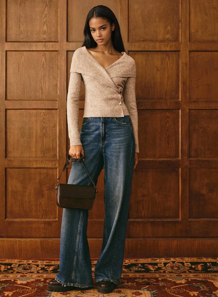 Off Shoulder Cardigan Sweater Wrap With Gold Buttons