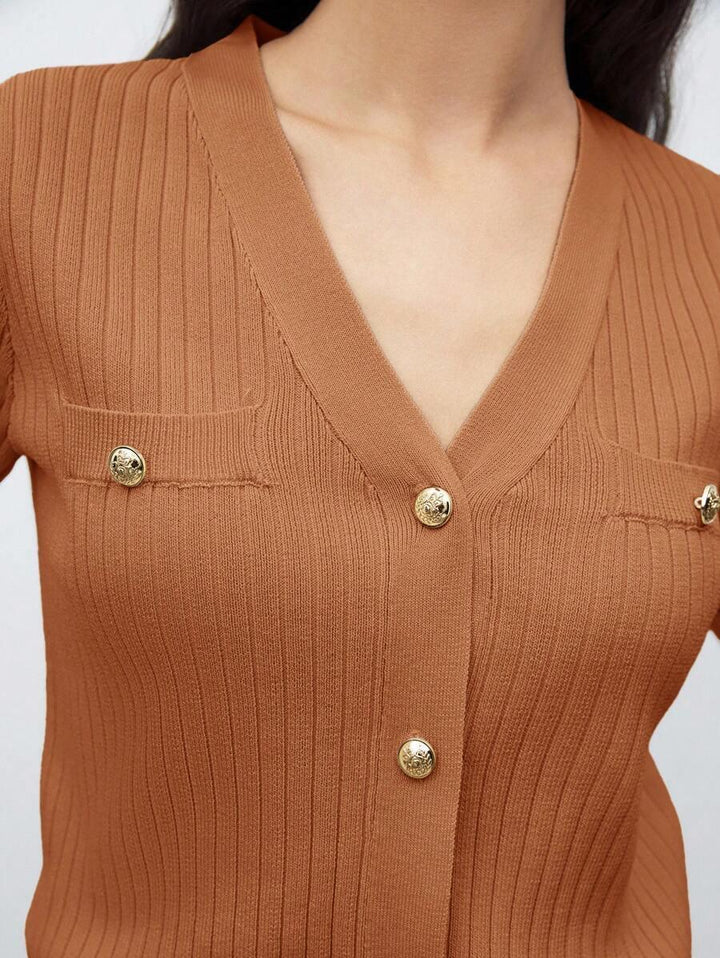 Chic V Neck Knit Sweater With Button Front Short Sleeve
