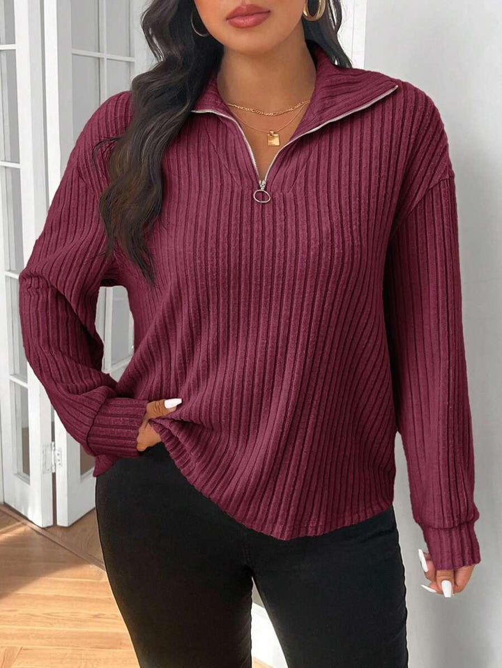 Plus Size Fuzzy Collar Quarter Zip Cozy Sweater