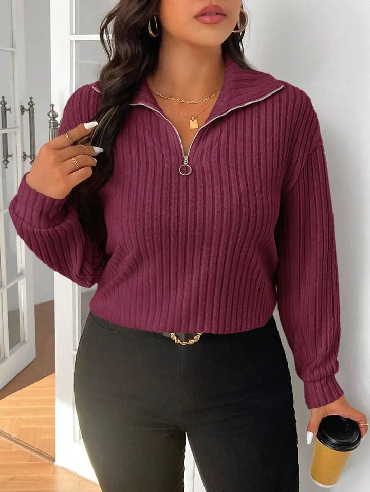 Plus Size Fuzzy Collar Quarter Zip Cozy Sweater