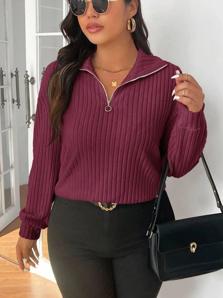 Plus Size Fuzzy Collar Quarter Zip Cozy Sweater