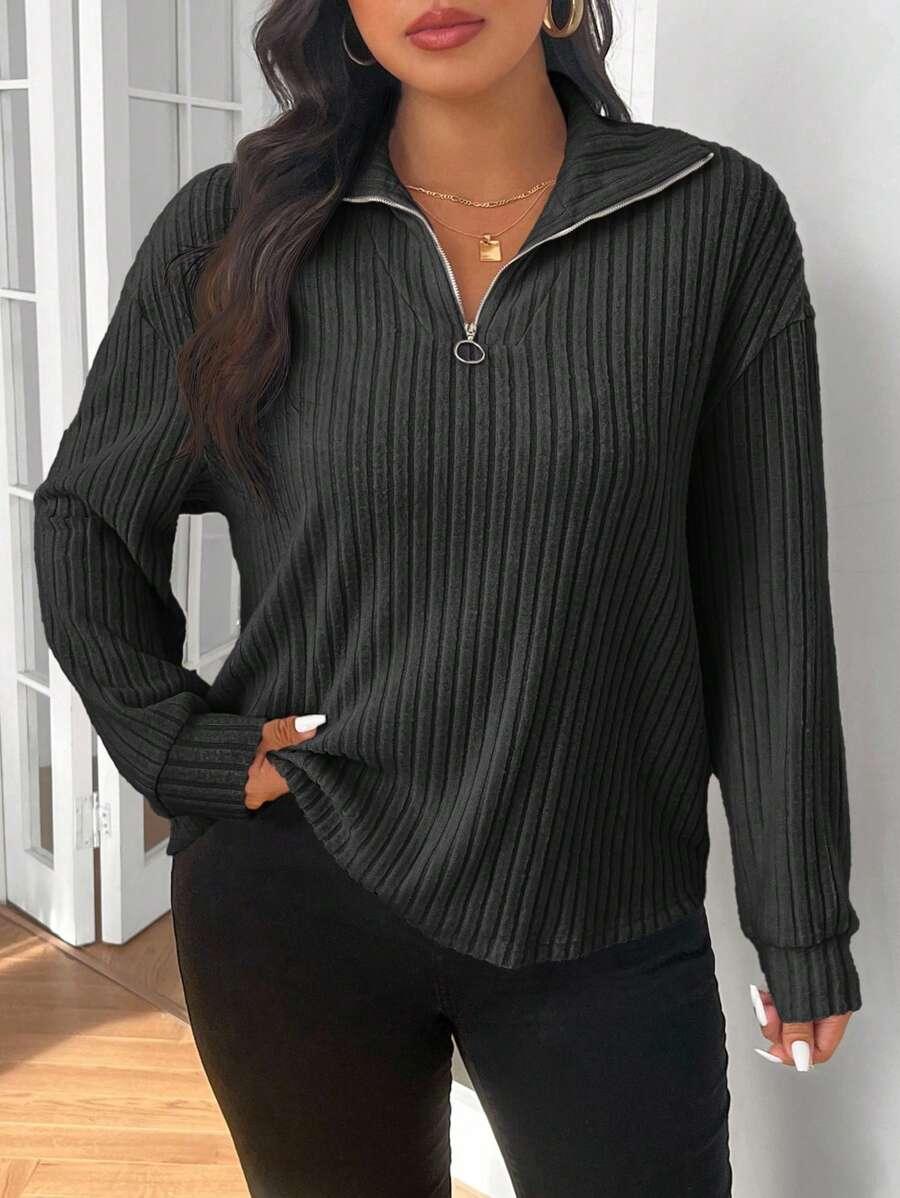 Plus Size Fuzzy Collar Quarter Zip Cozy Sweater