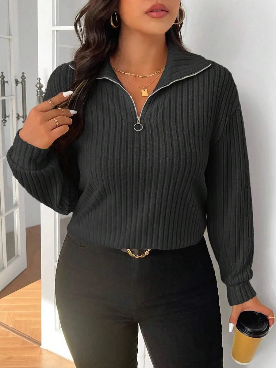 Plus Size Fuzzy Collar Quarter Zip Cozy Sweater