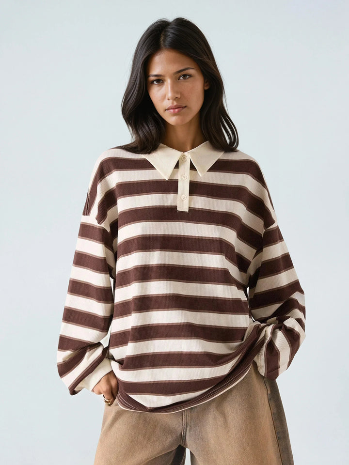 Striped Drop Shoulder Polo Neck Tee Casual Loose Fit Chic