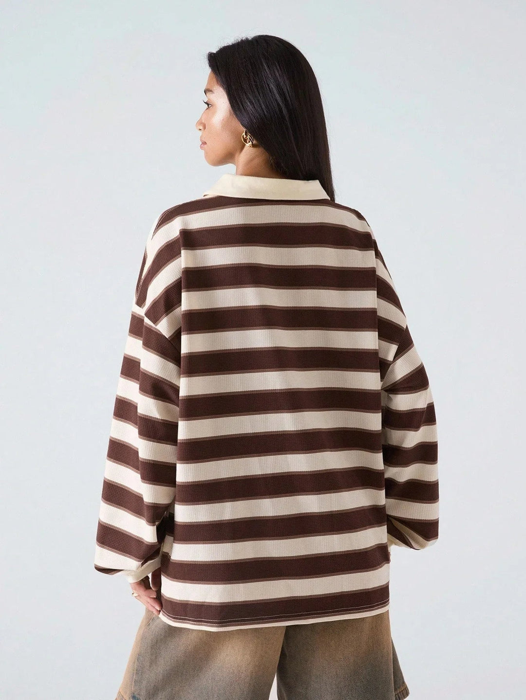 Striped Drop Shoulder Polo Neck Tee Casual Loose Fit Chic