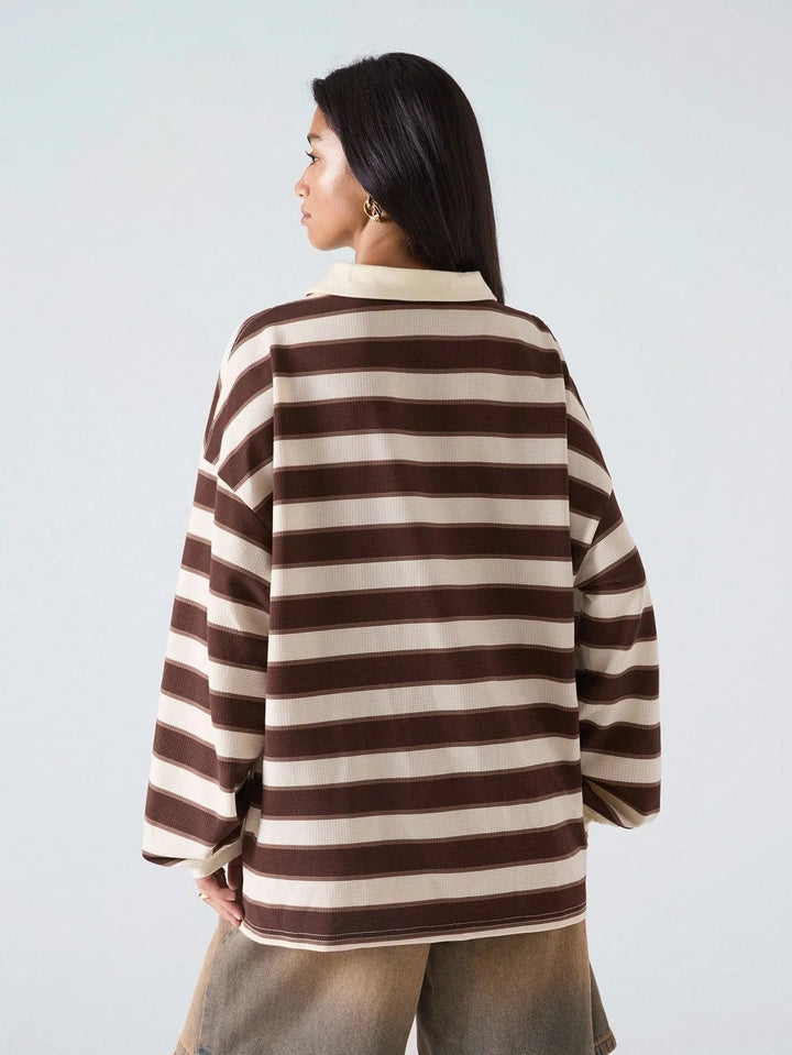 Striped Drop Shoulder Polo Neck Tee Casual Loose Fit Chic