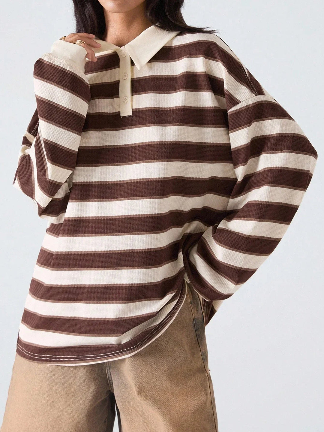 Striped Drop Shoulder Polo Neck Tee Casual Loose Fit Chic