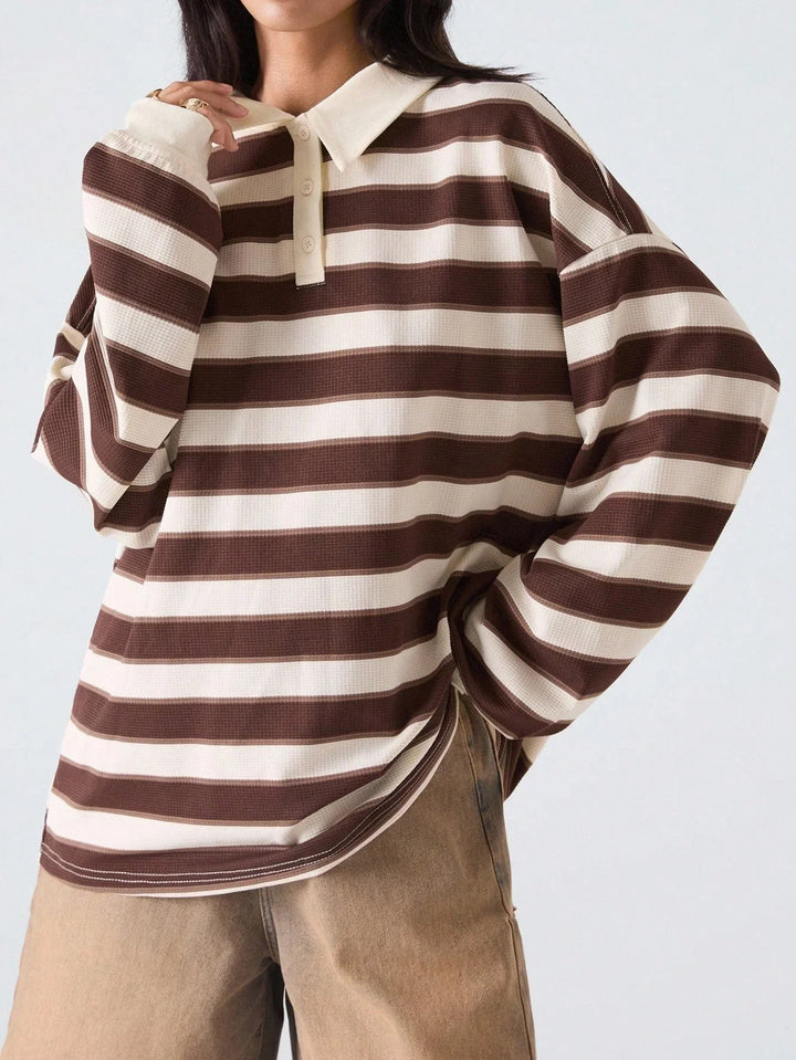 Striped Drop Shoulder Polo Neck Tee Casual Loose Fit Chic