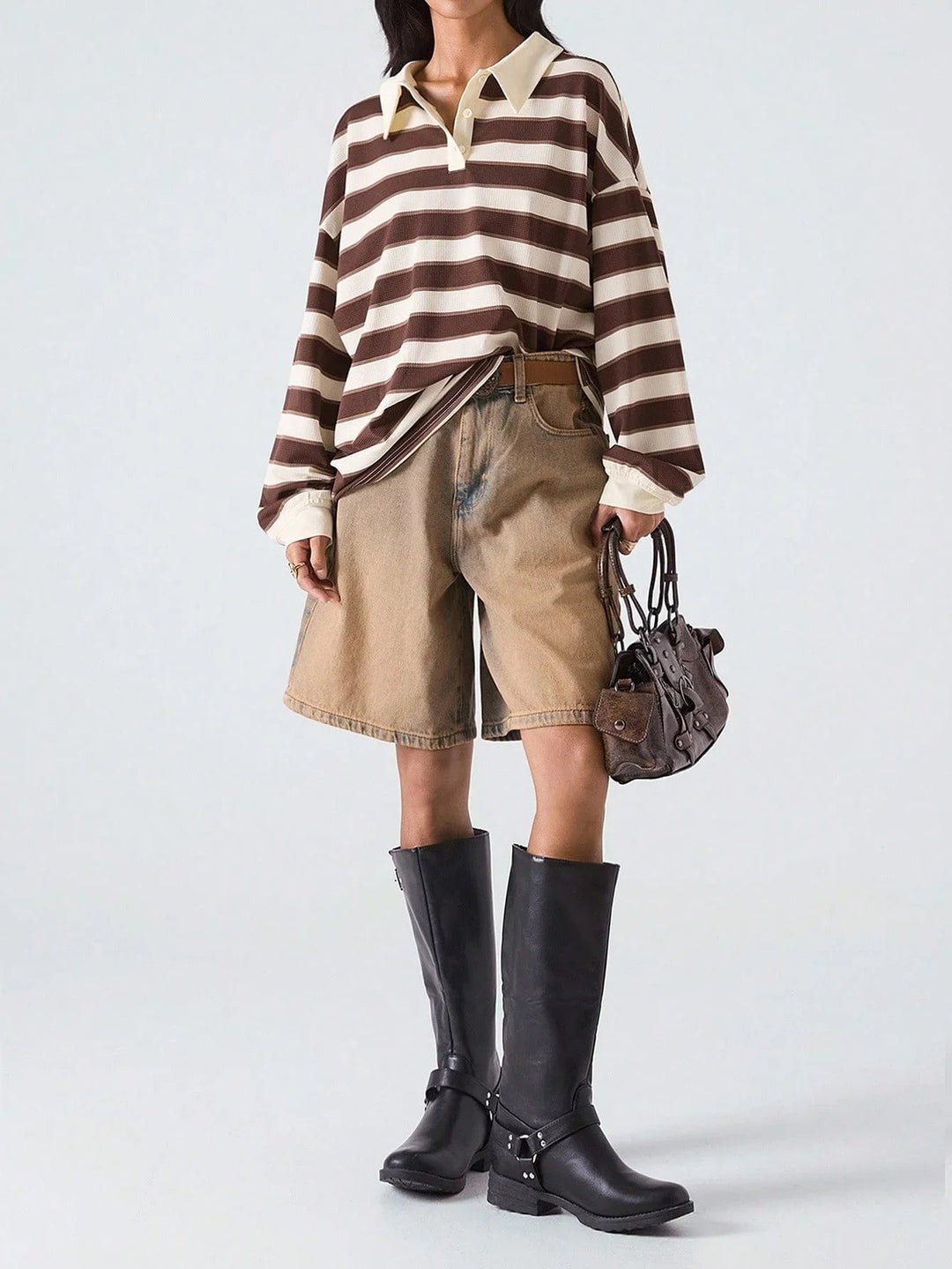 Striped Drop Shoulder Polo Neck Tee Casual Loose Fit Chic