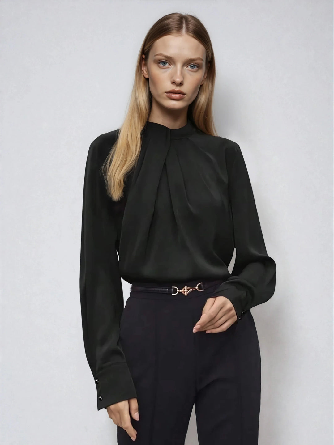 Asymmetric Ruched Stand Collar Top Versatile Office Wear
