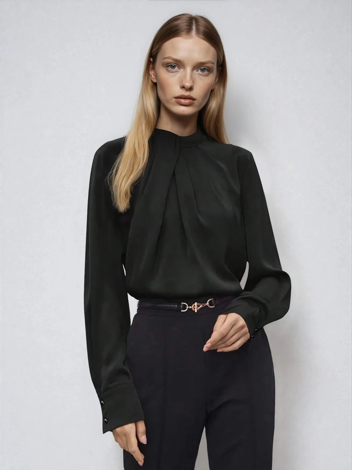 Asymmetric Ruched Stand Collar Top Versatile Office Wear