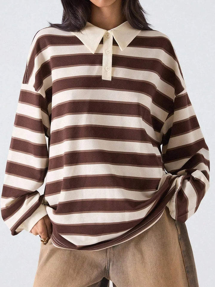 Striped Drop Shoulder Polo Neck Tee Casual Loose Fit Chic