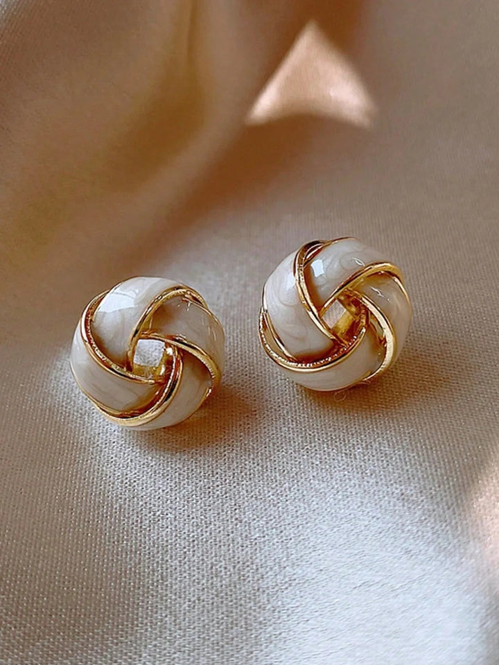 Beige Marled Earrings Gold Tone Twist Knot Statement