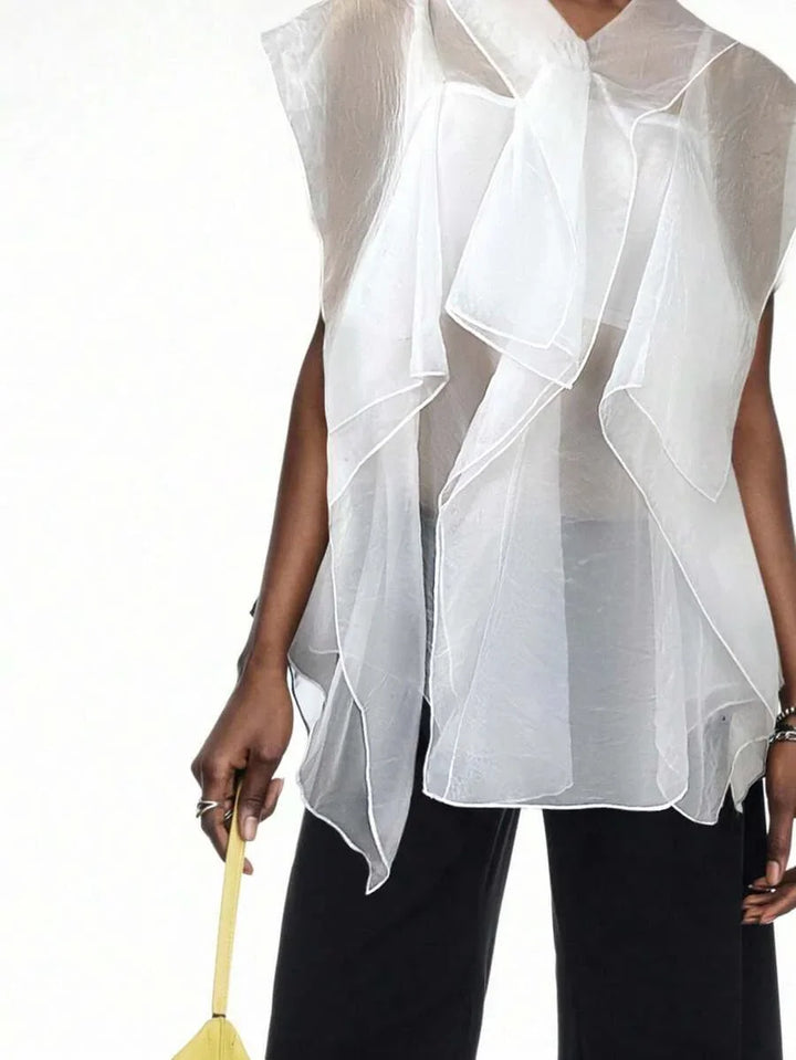 Ruffle Trim Boho Mesh Patchwork Blouse Button Front Casual