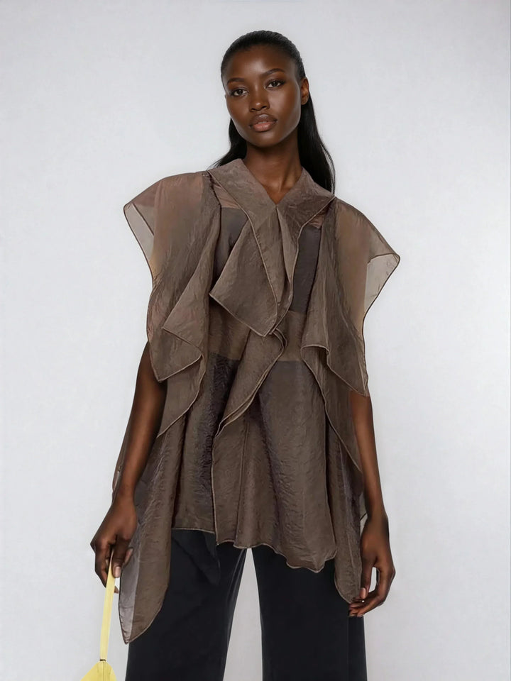 Ruffle Trim Boho Mesh Patchwork Blouse Button Front Casual