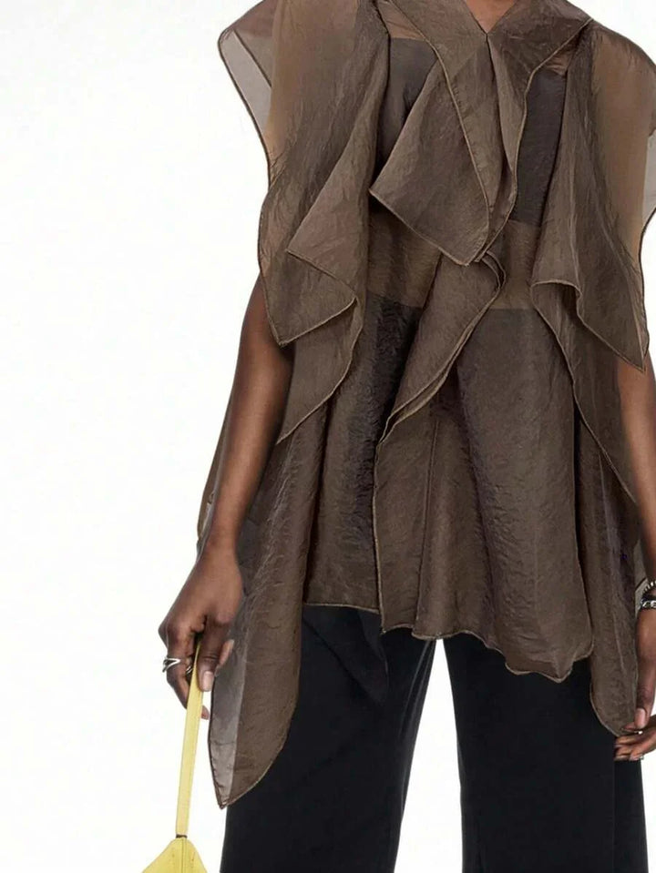 Ruffle Trim Boho Mesh Patchwork Blouse Button Front Casual