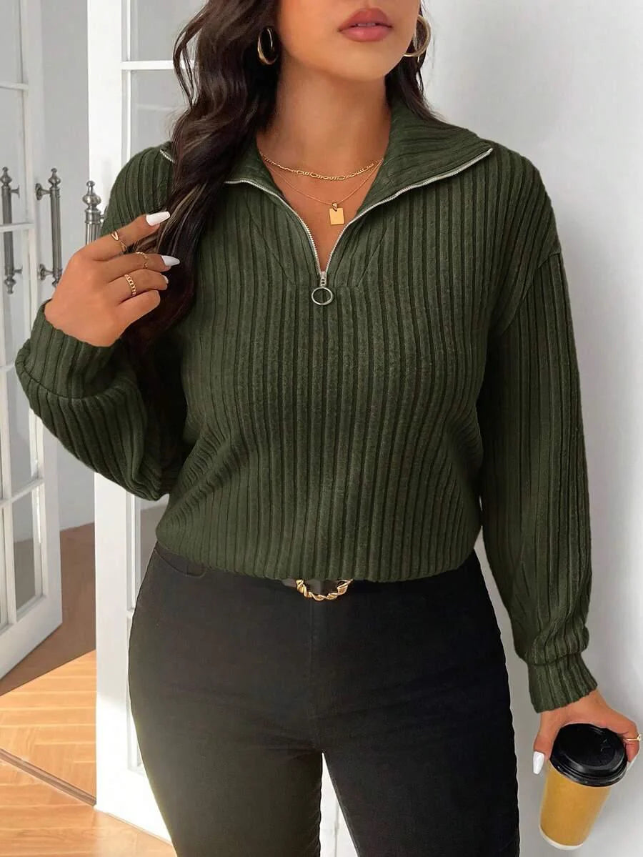 Plus Size Fuzzy Collar Quarter Zip Cozy Sweater