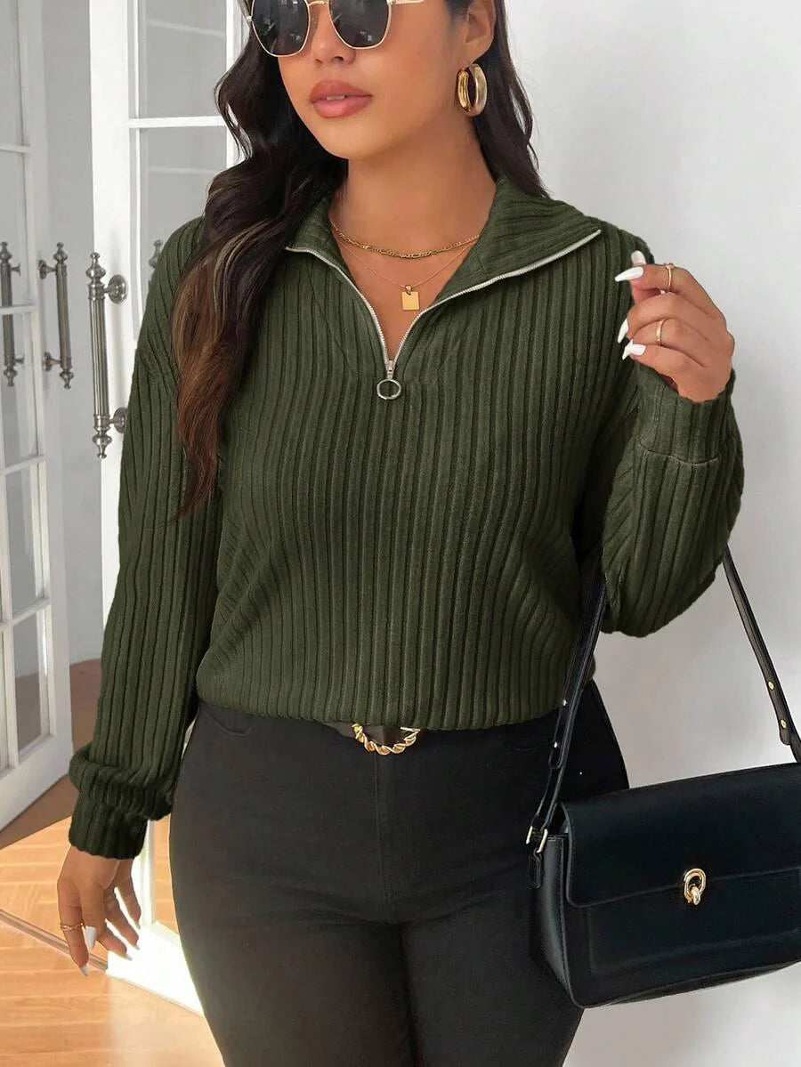 Plus Size Fuzzy Collar Quarter Zip Cozy Sweater