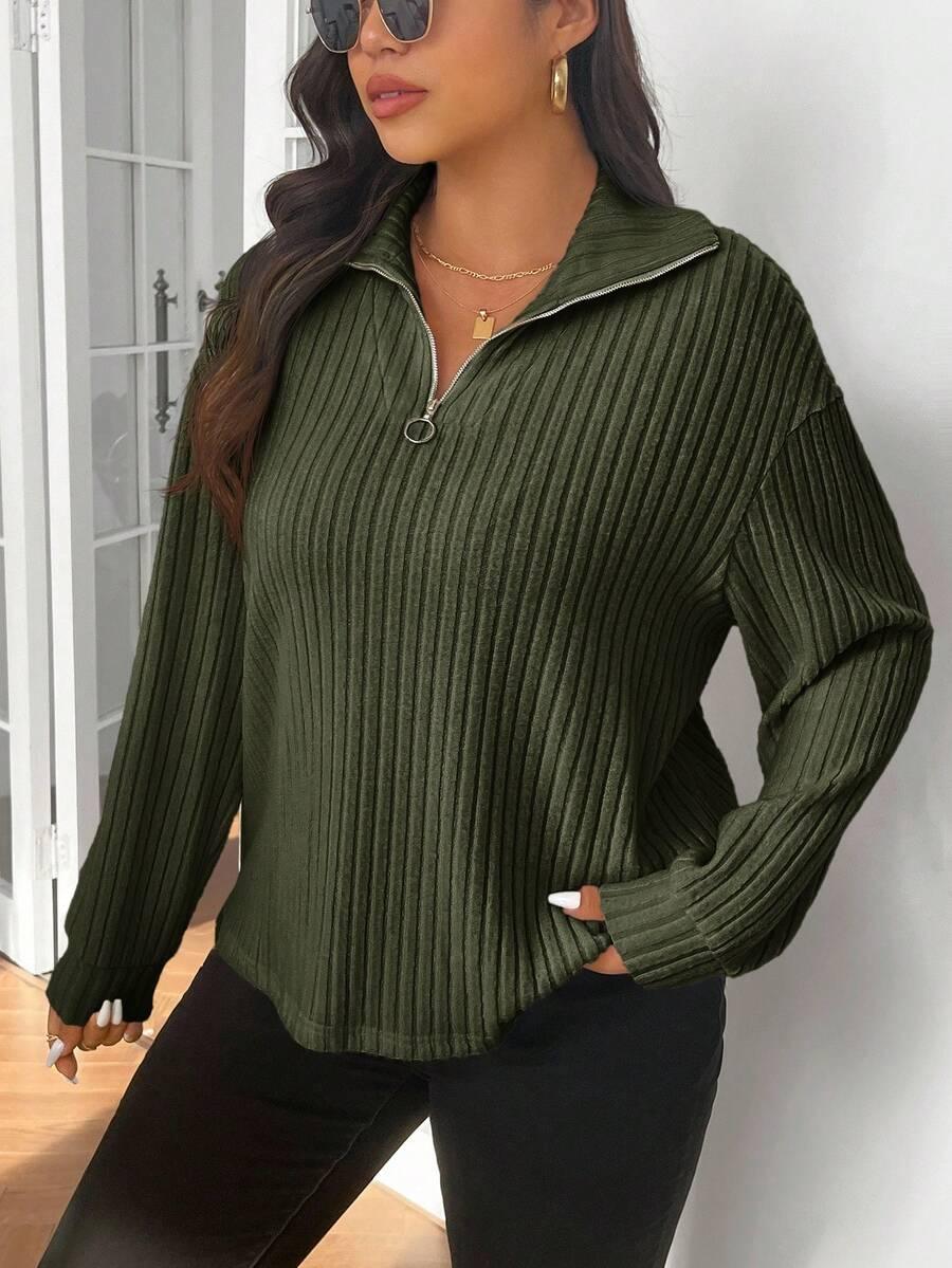 Plus Size Fuzzy Collar Quarter Zip Cozy Sweater