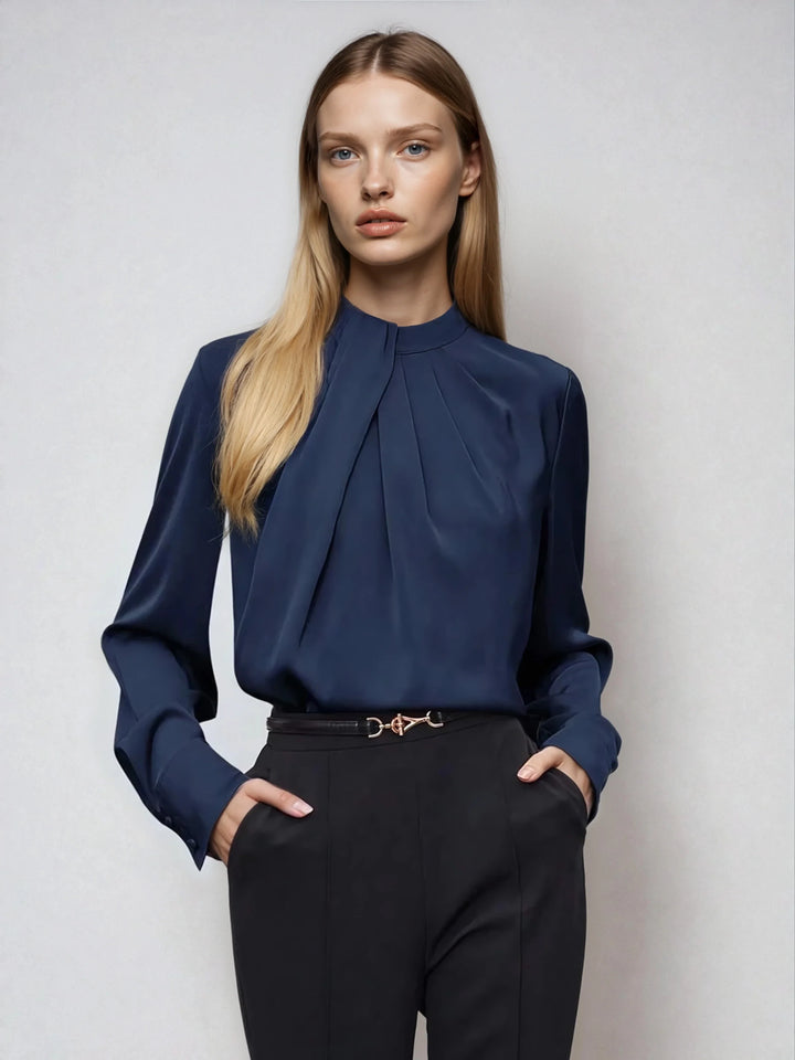 Asymmetric Ruched Stand Collar Top Versatile Office Wear