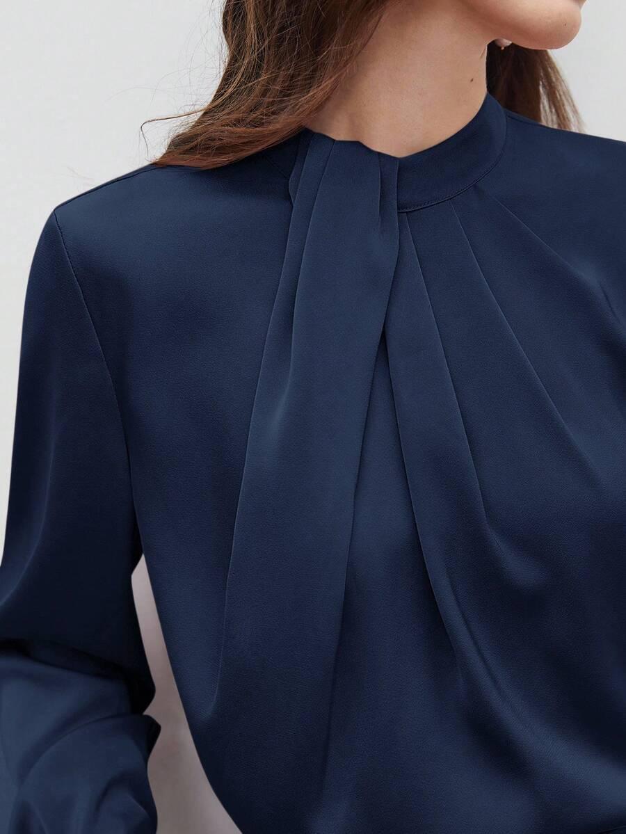 Asymmetric Ruched Stand Collar Top Versatile Office Wear