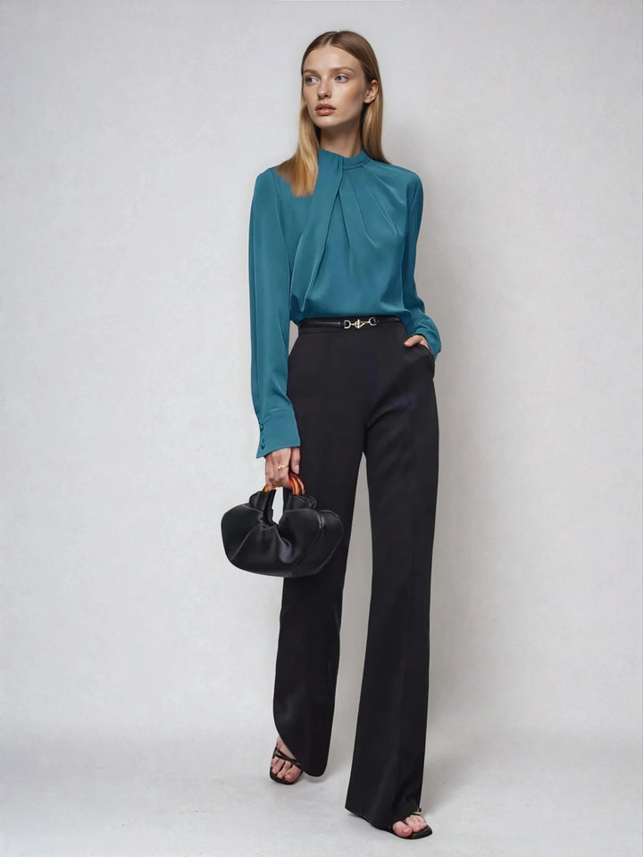 Asymmetric Ruched Stand Collar Top Versatile Office Wear