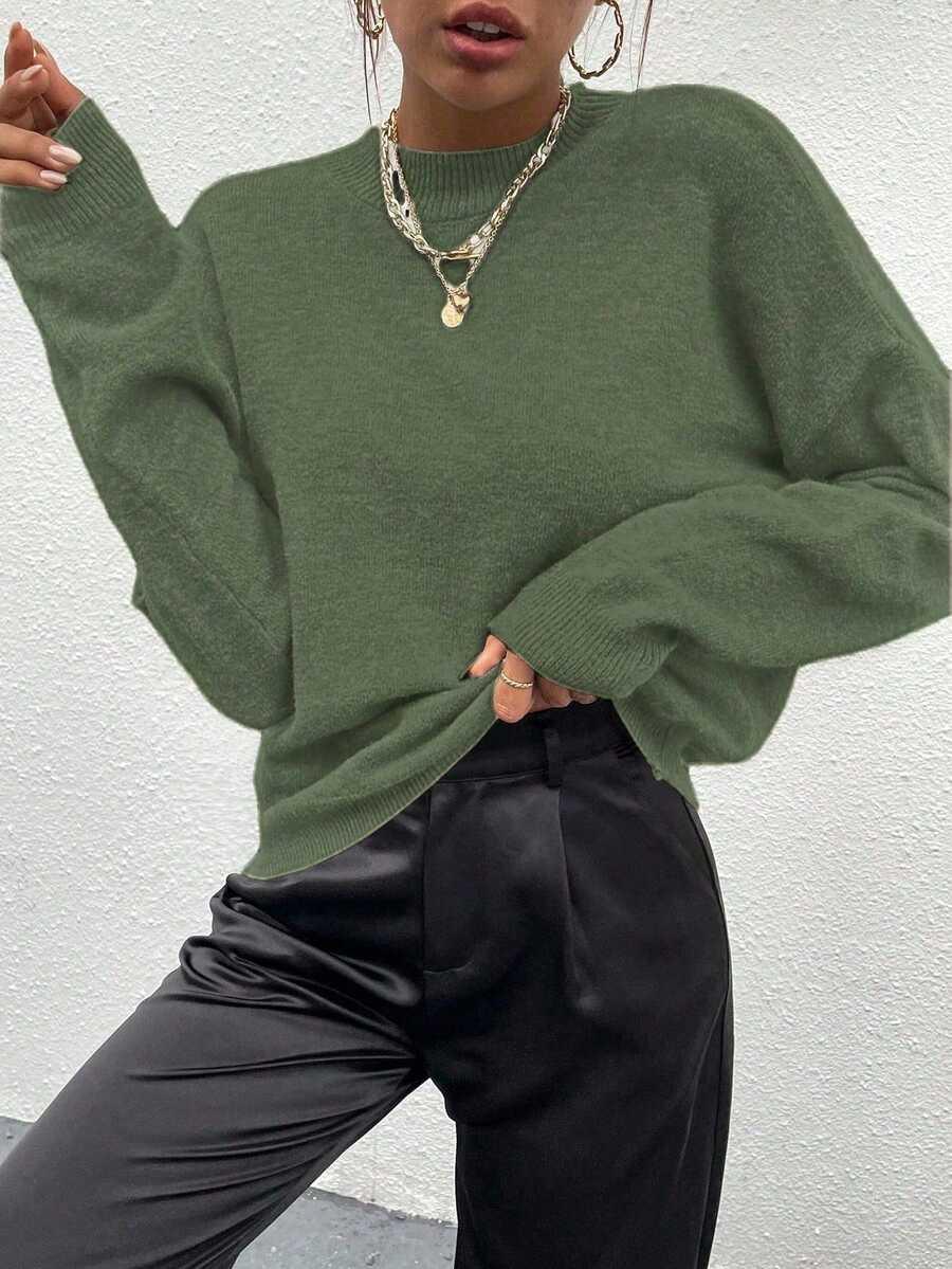 Effortless Mock Neck Sweater With Drop Shoulder Oversized