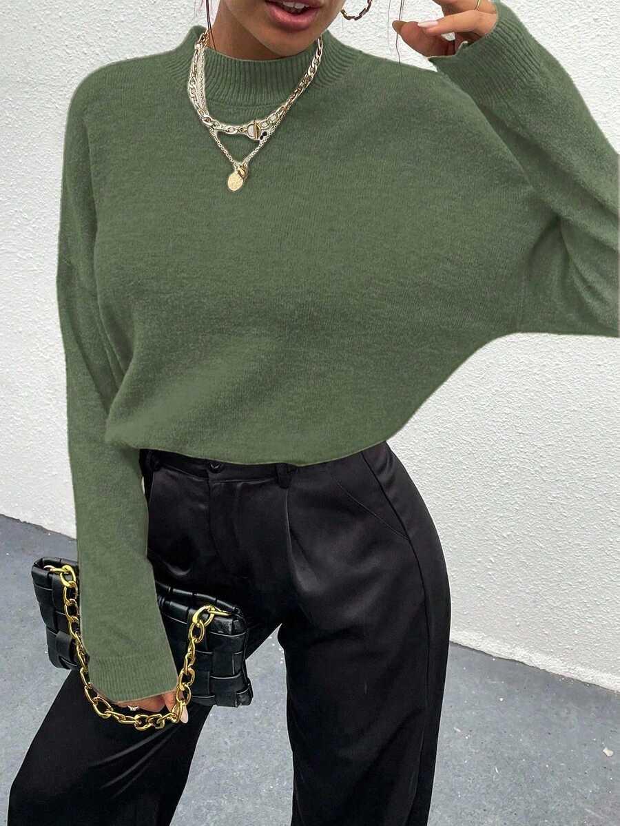 Effortless Mock Neck Sweater With Drop Shoulder Oversized