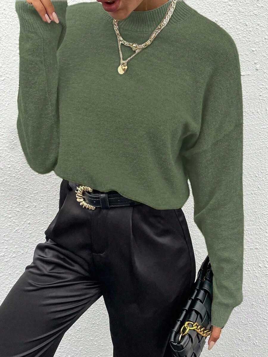 Effortless Mock Neck Sweater With Drop Shoulder Oversized