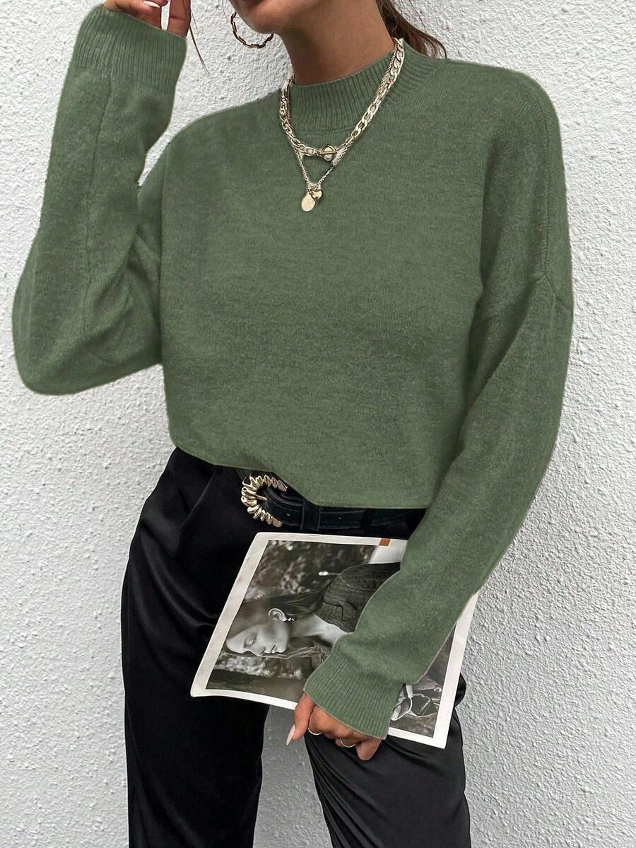 Effortless Mock Neck Sweater With Drop Shoulder Oversized