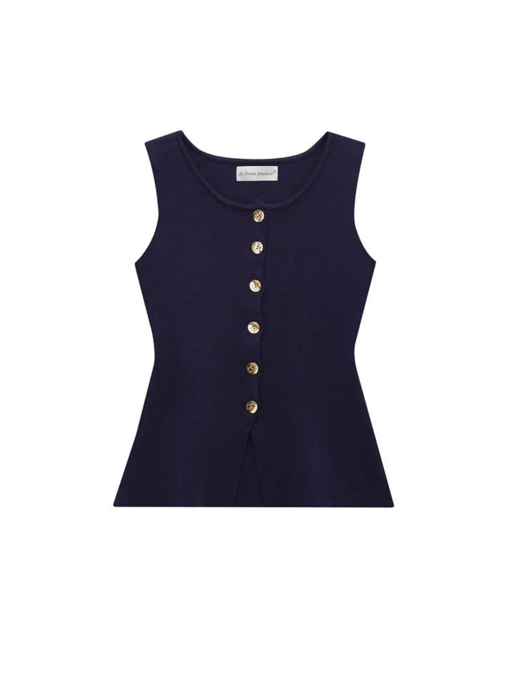 Sleeveless Square-Neck Buttoned Top With Split Hem