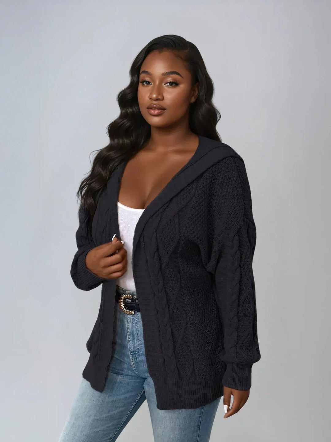 Plus Size Hooded Cable Knit Cardigan Open Front Casual