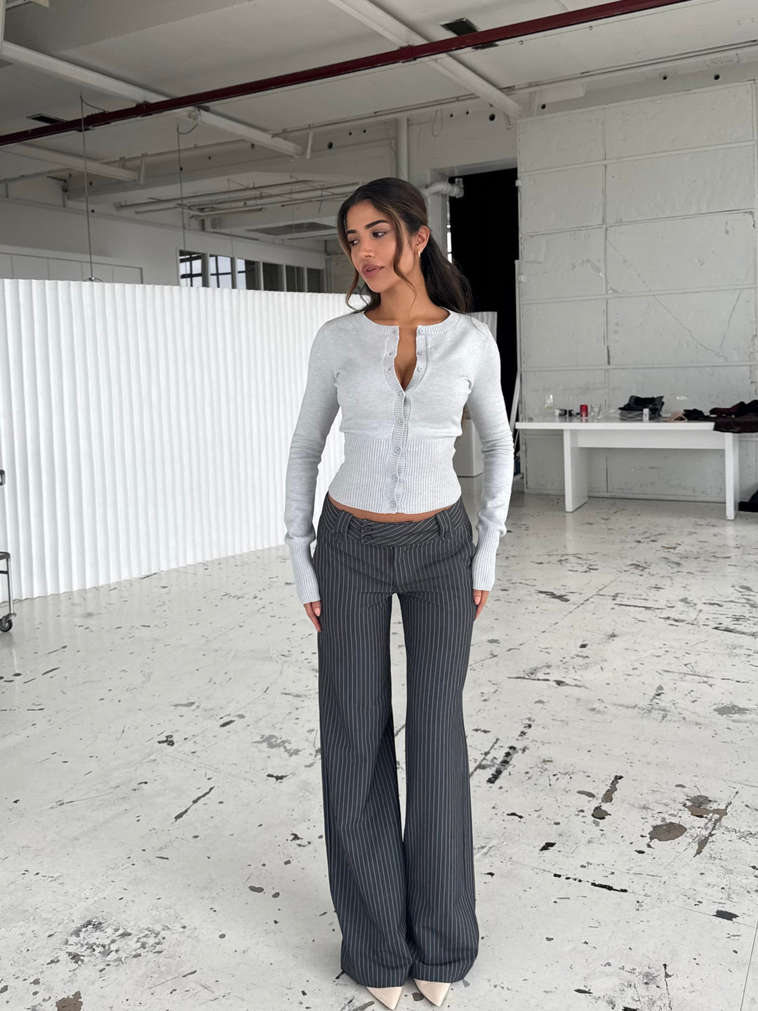 Button Low Waist Pants – Dark Grey Striped