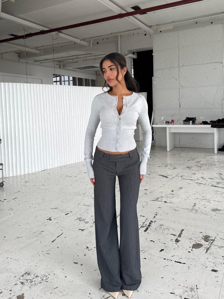 Button Low Waist Pants – Dark Grey Striped