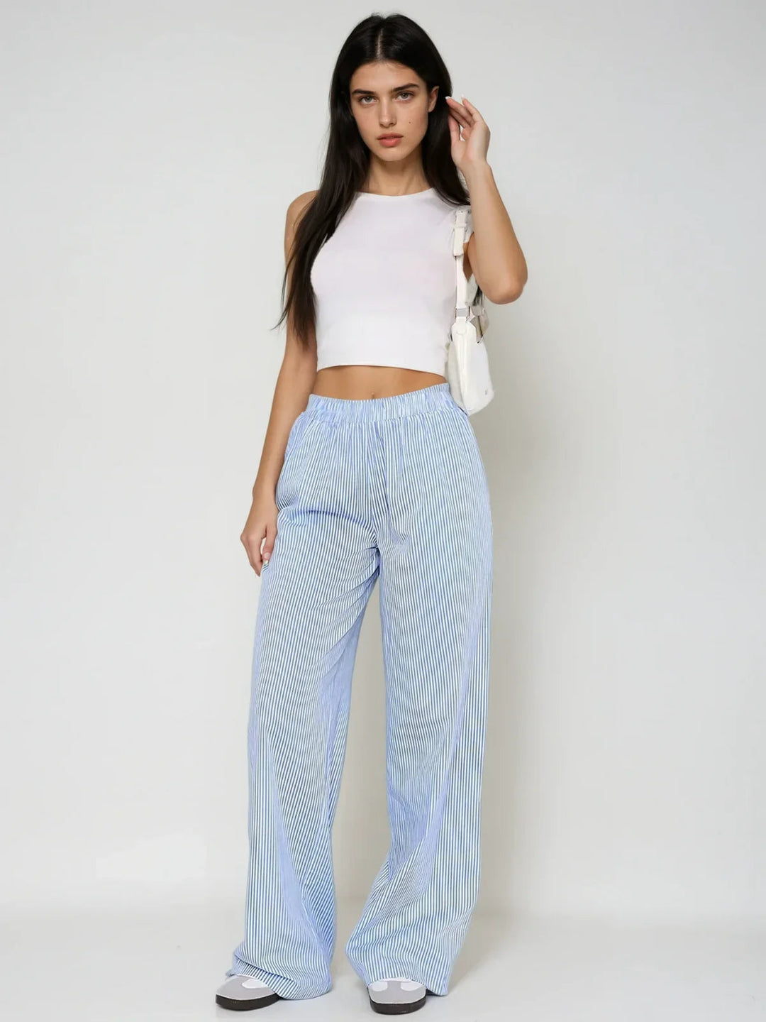 Elastic High Waist Wide Leg Striped Pants