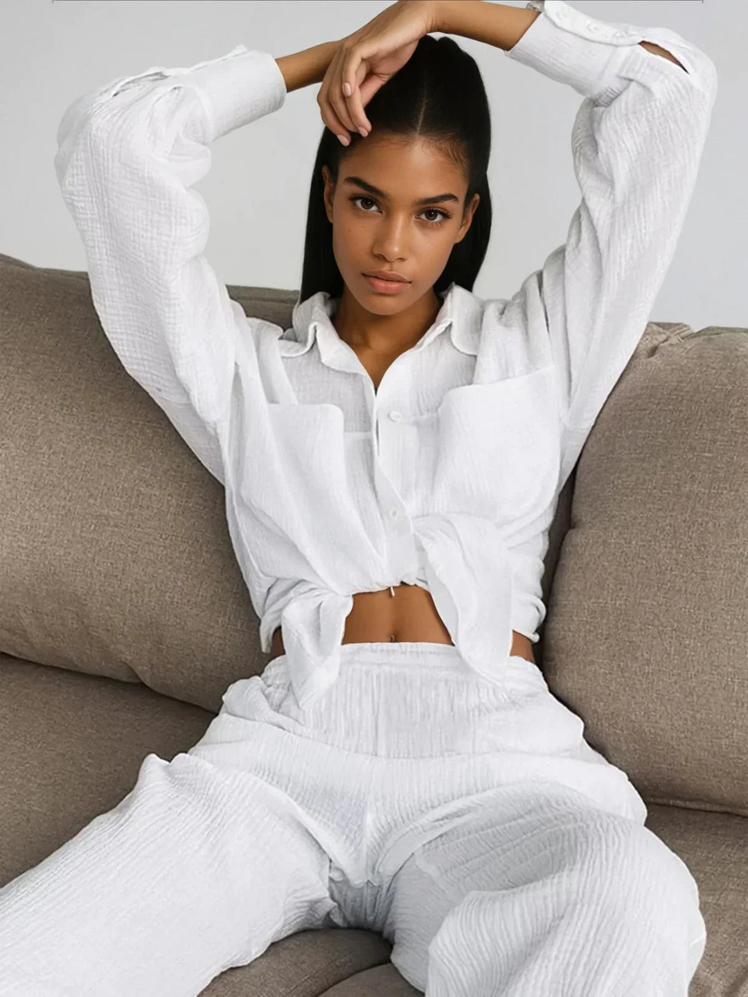 Casual Loose Minimalist Cotton Shirt & Pants Matching Set