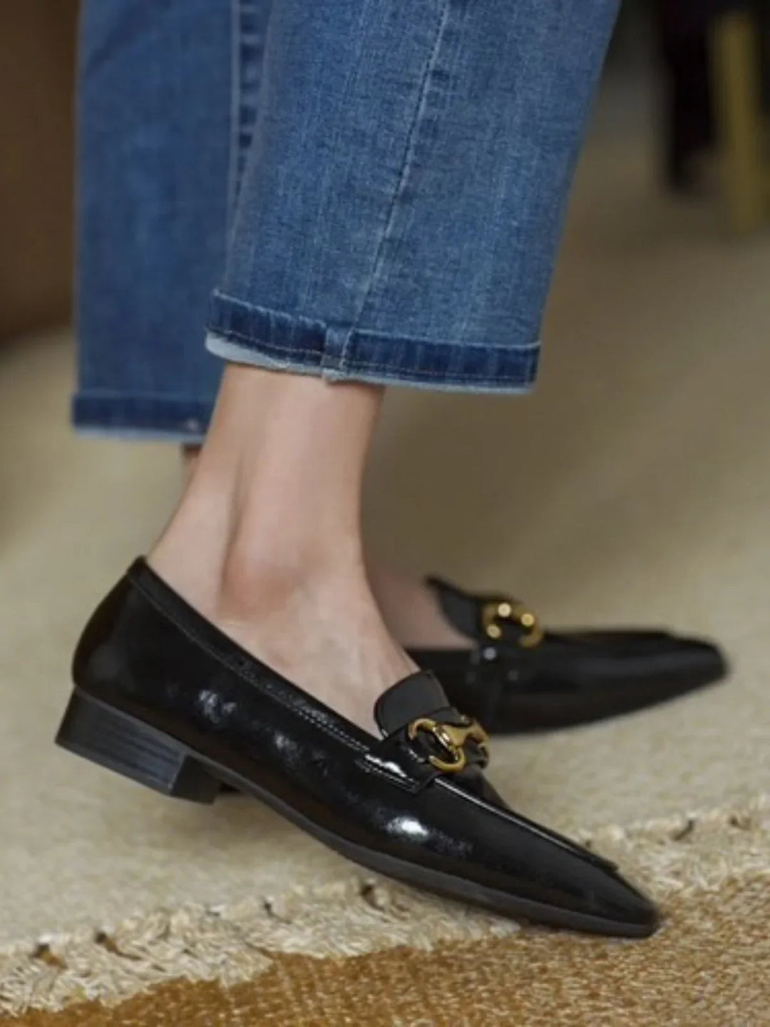 Leather Flat Shoes With Low Heel Metal Accent Square Toe