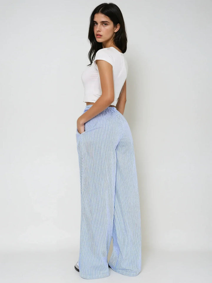 Elastic High Waist Wide Leg Striped Pants