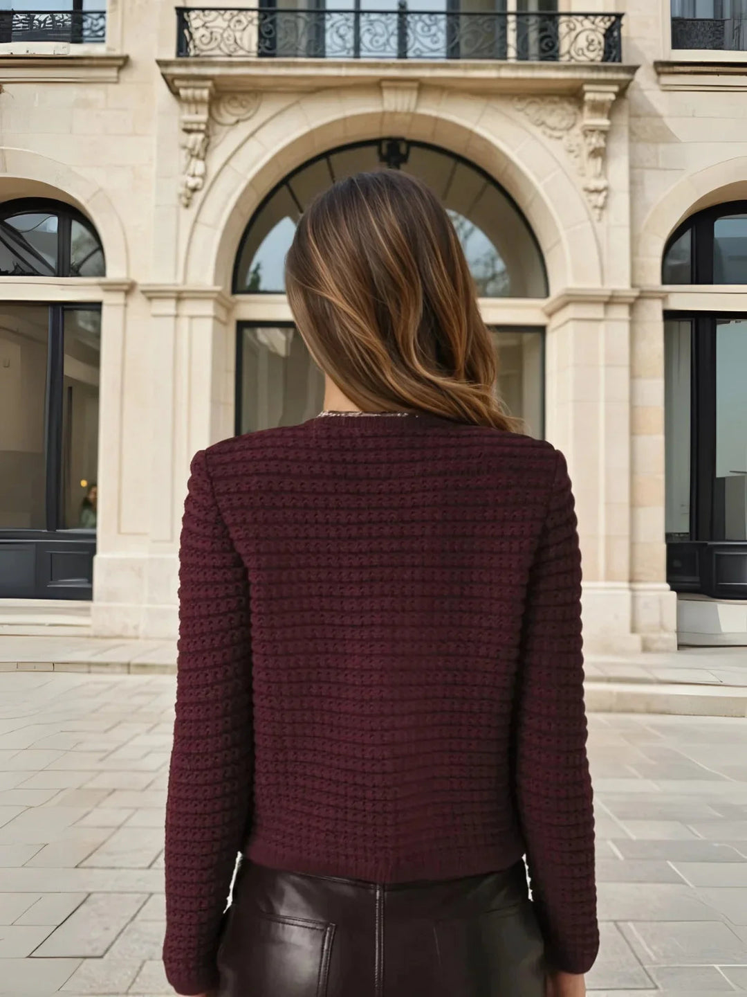 Knitted Burgundy Long-Sleeved Cardigan