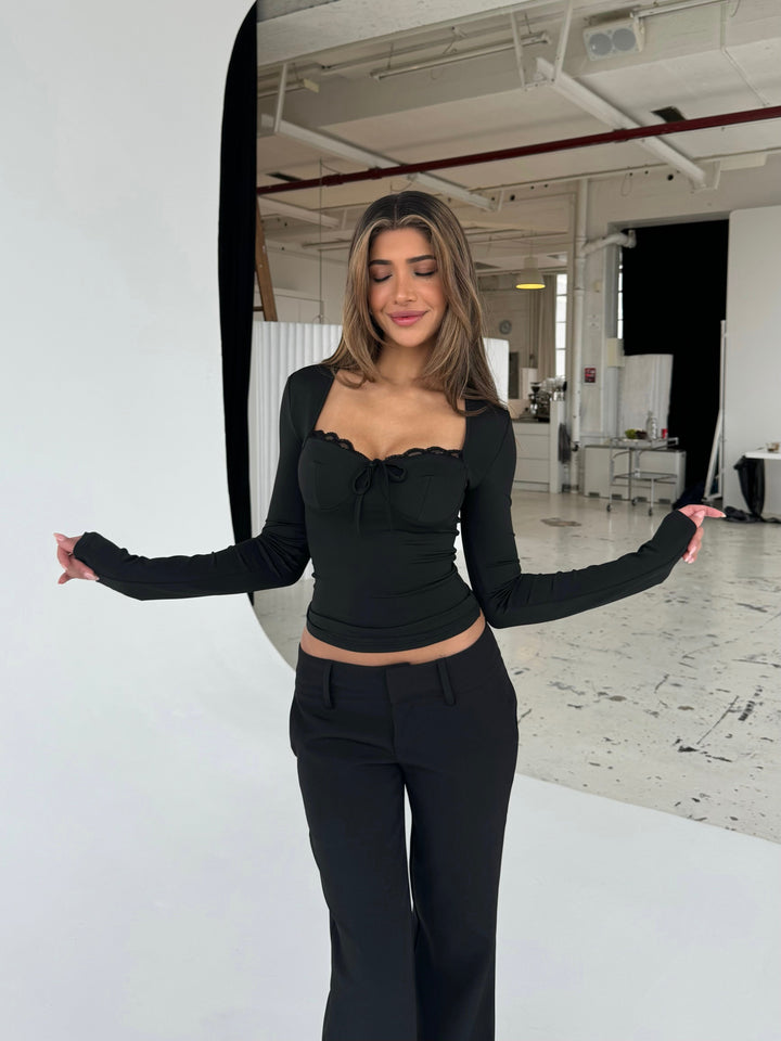 Bow basic lace top - black