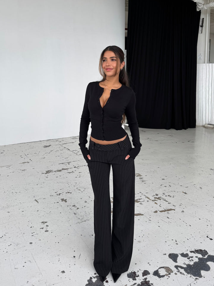 Button low waist pants - black striped