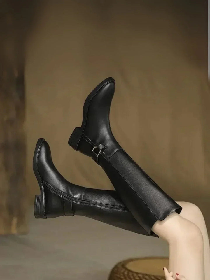 Knee High Boots With Belt Buckle Chunky Heel Black Matte