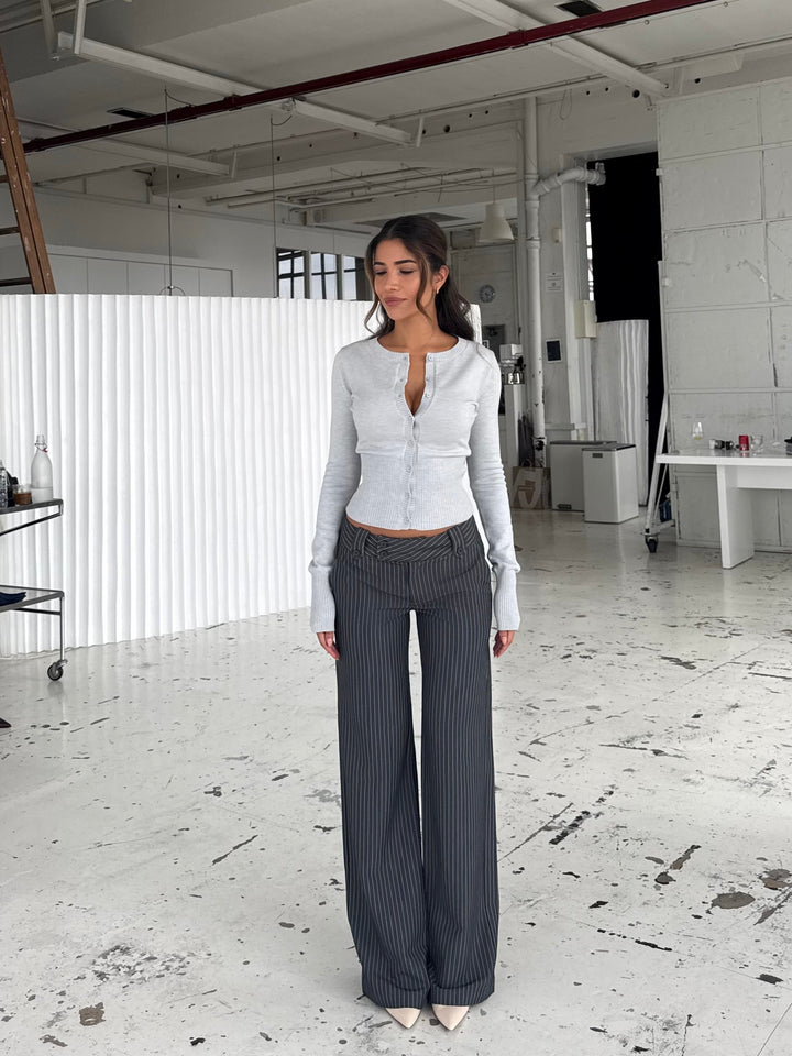Button Low Waist Pants – Dark Grey Striped