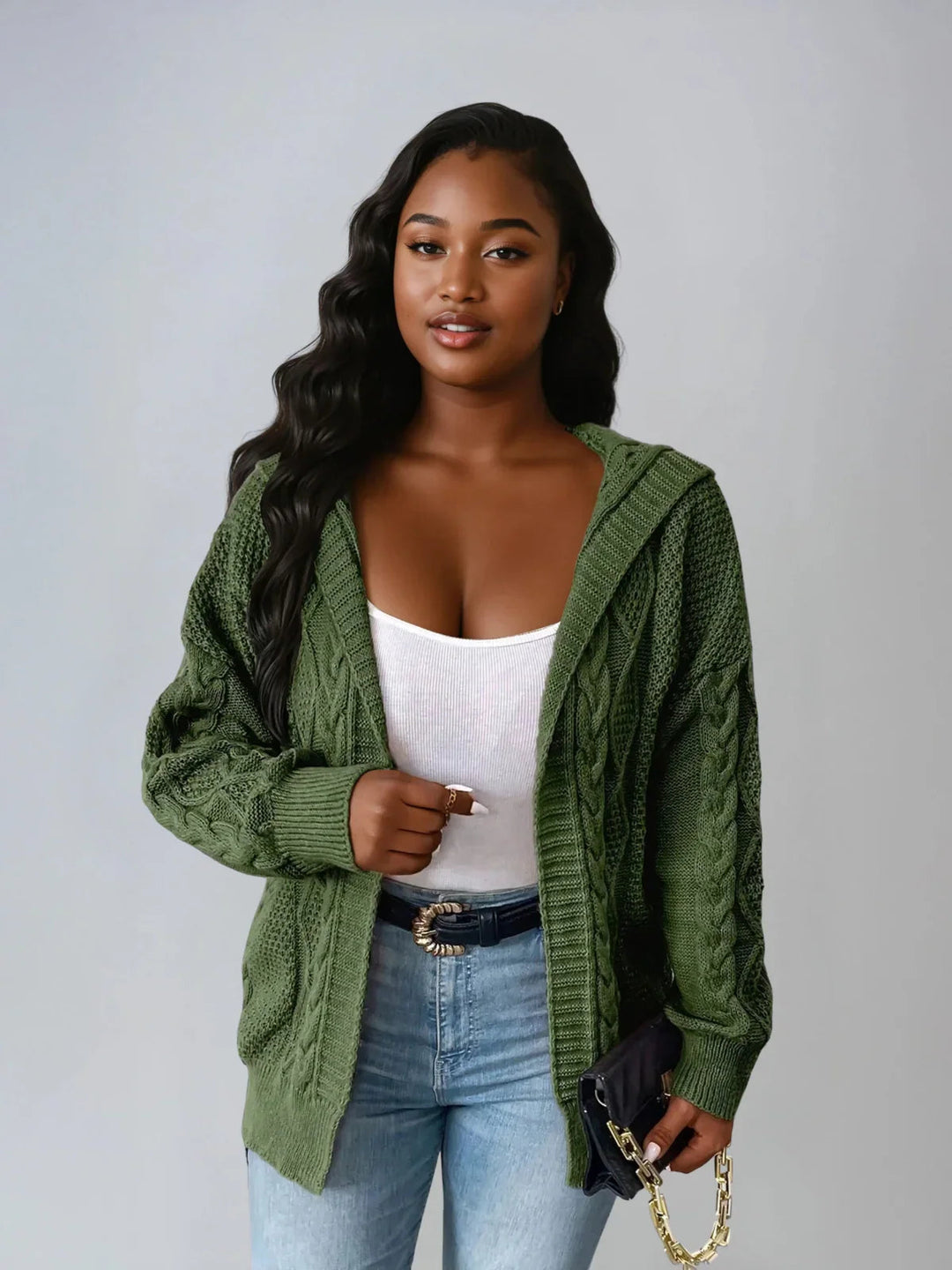 Plus Size Hooded Cable Knit Cardigan Open Front Casual