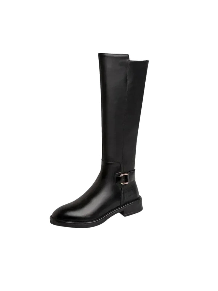 Knee High Boots With Belt Buckle Chunky Heel Black Matte